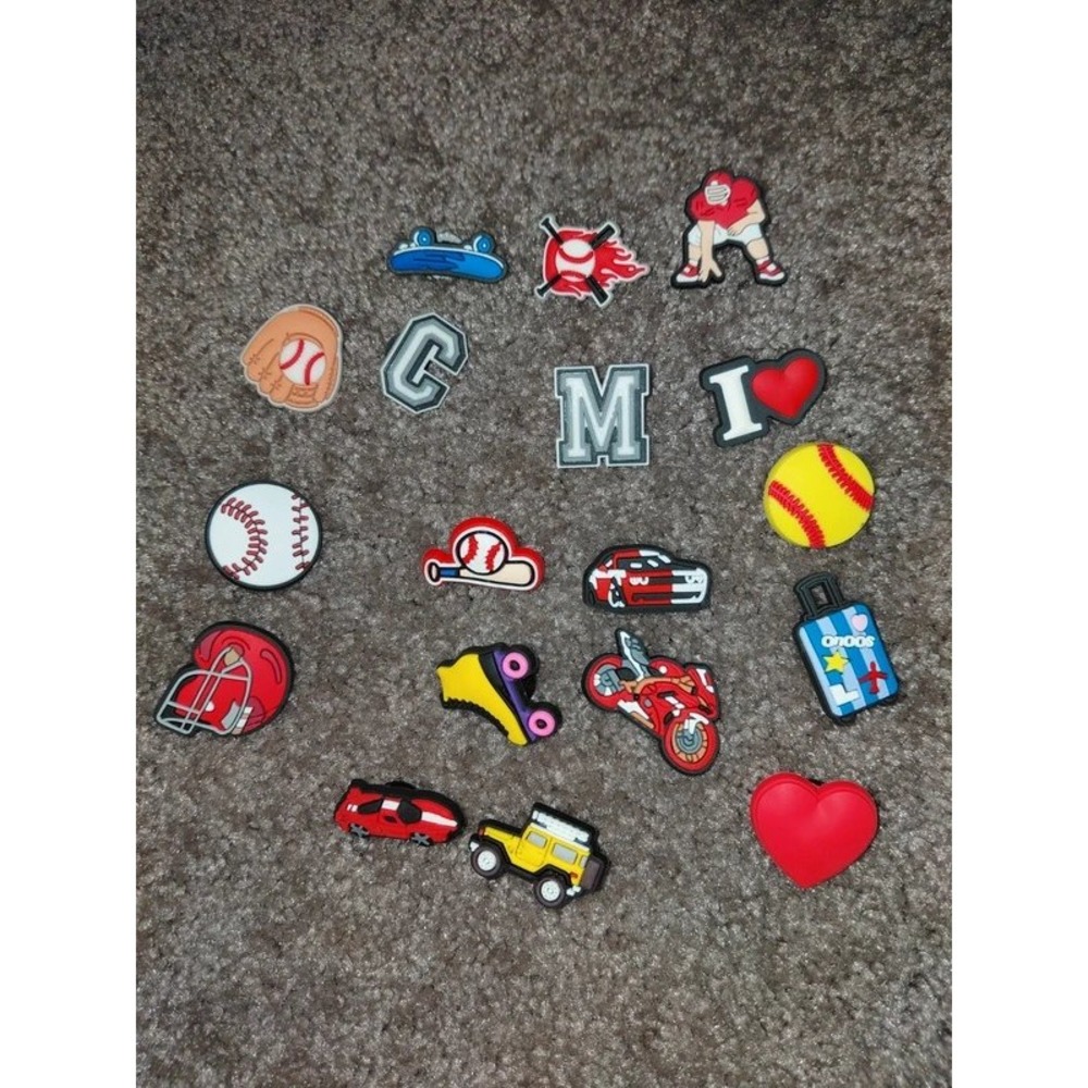Variety Shoe Charms Set Sports Baseball Football Cars Hearts Travel PVC
